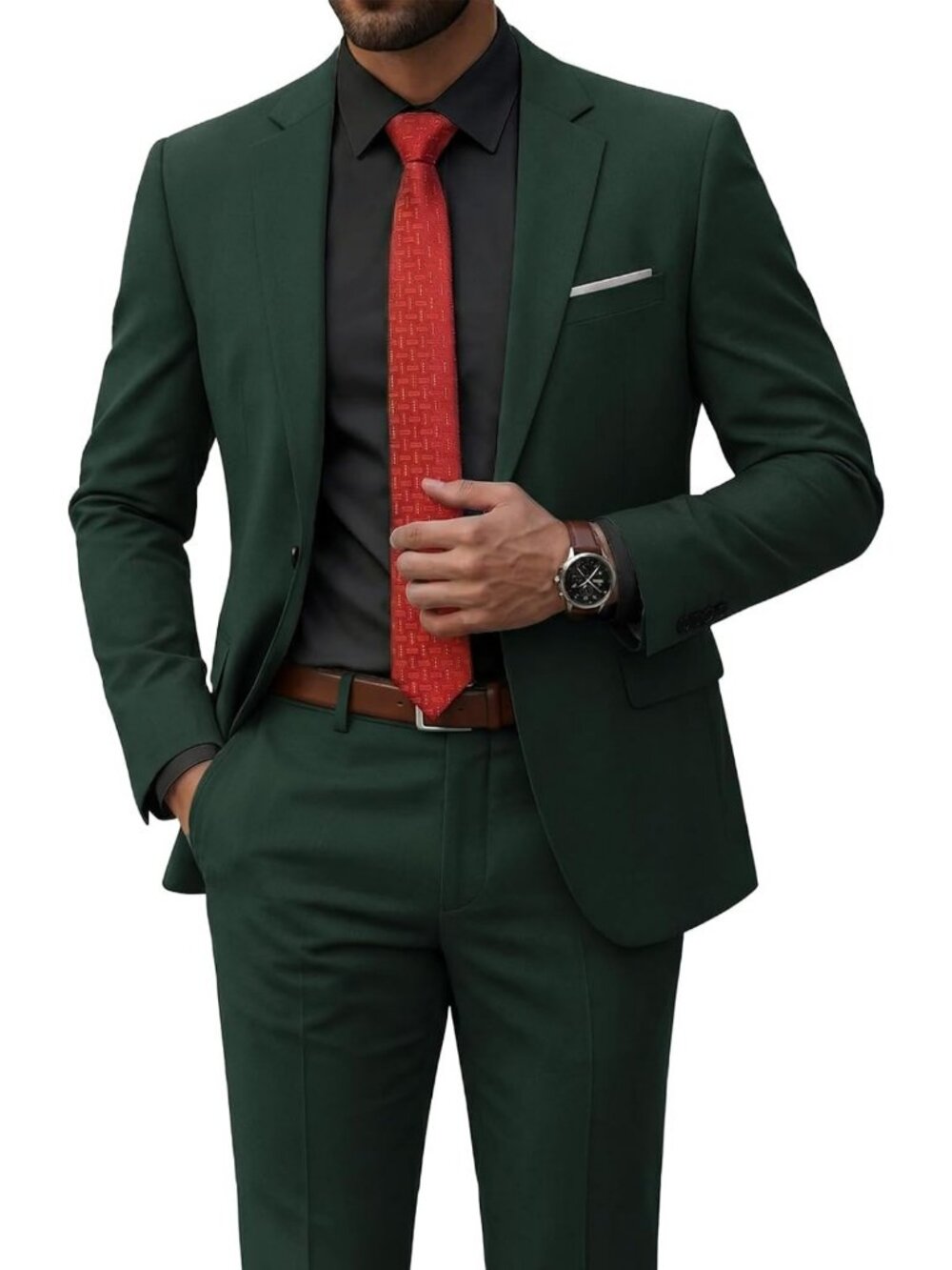 Stylish Men's Slim Fit 2-Piece Suit Set with Tie - Solid Color Jacket & Pants
